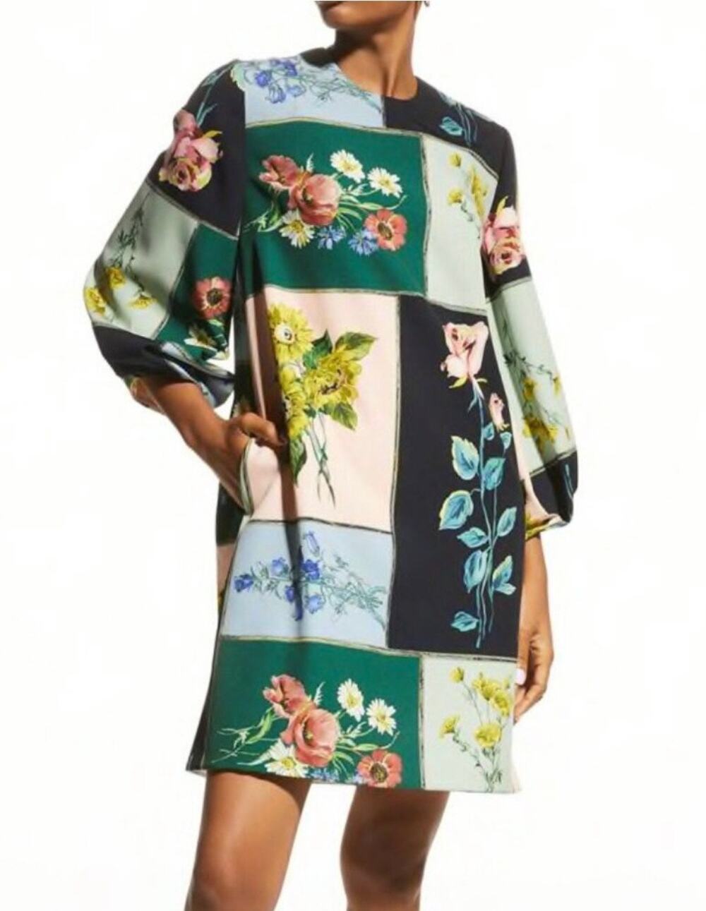 Lela Rose Patchwork Floral Print Crepe Shift Dress Womens 8 Balloon Sleeves Chic